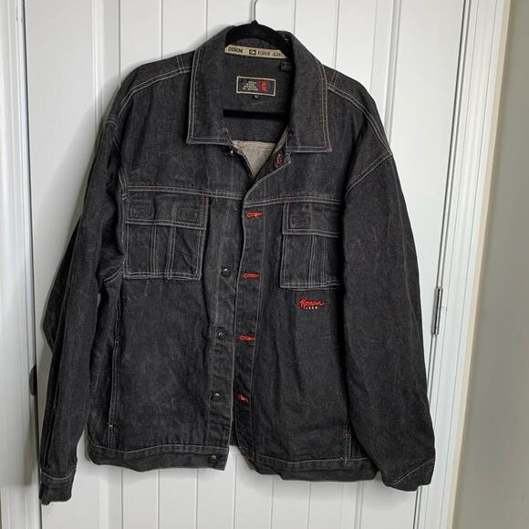 Vintage 2000s black raw denim by‎ koman jacket size XL men’s y2k hiphop - Picture 1 of 7